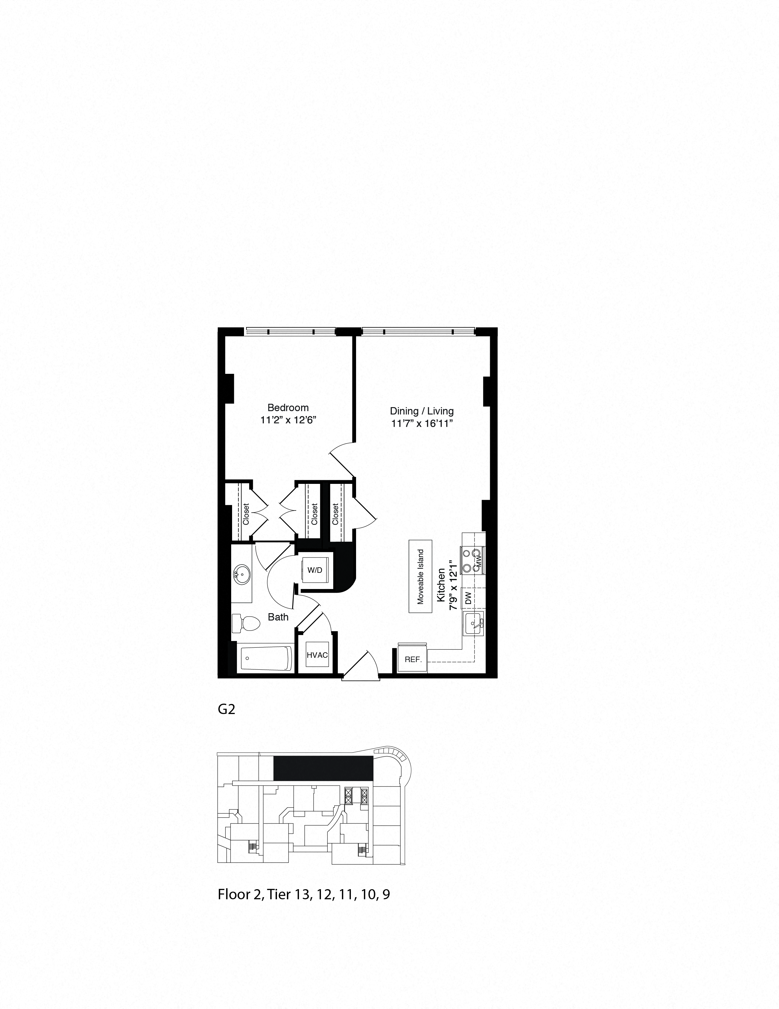 Floor plan for 1 bed, 1 bath, 718 sqft